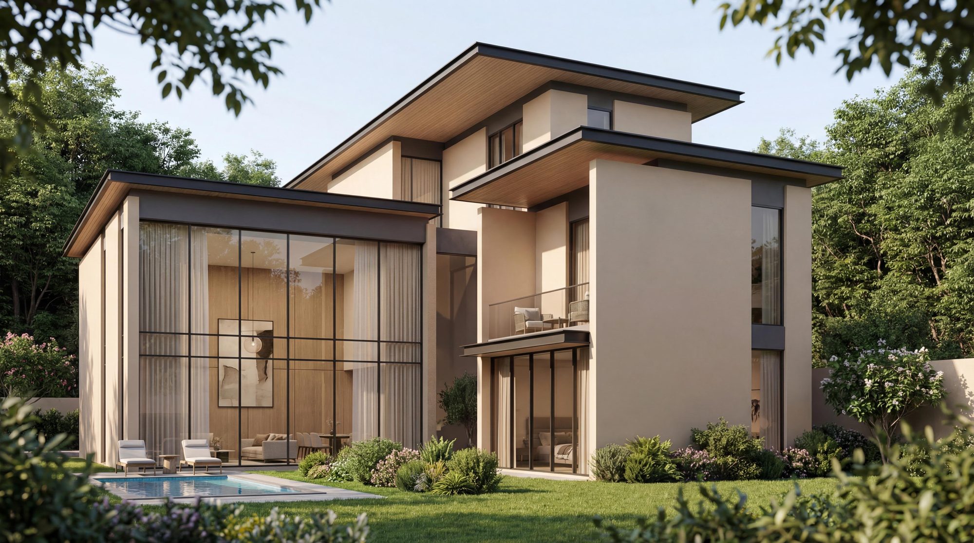 The Terraces at Sobha City — Garden Villa wing wrapped in mature landscaping, dusk light