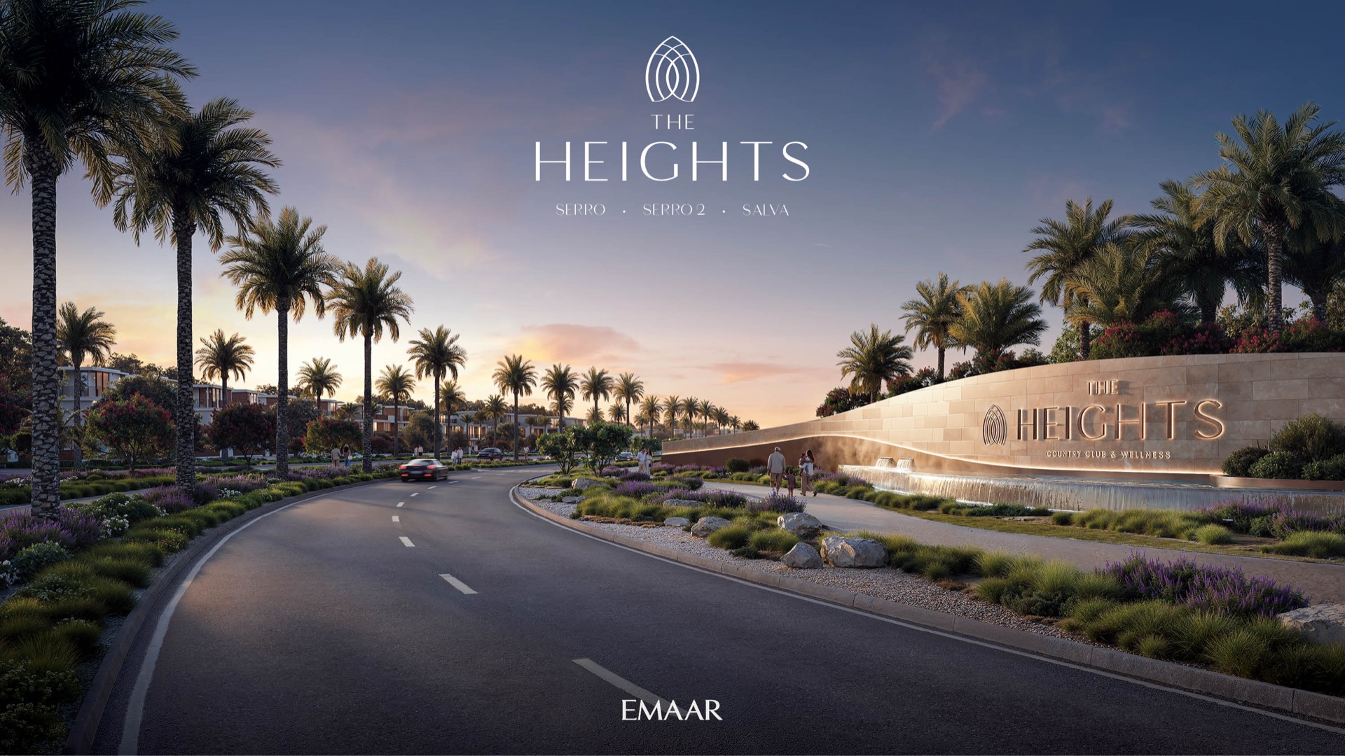 The Heights by EMAAR — community gateway entrance at dusk