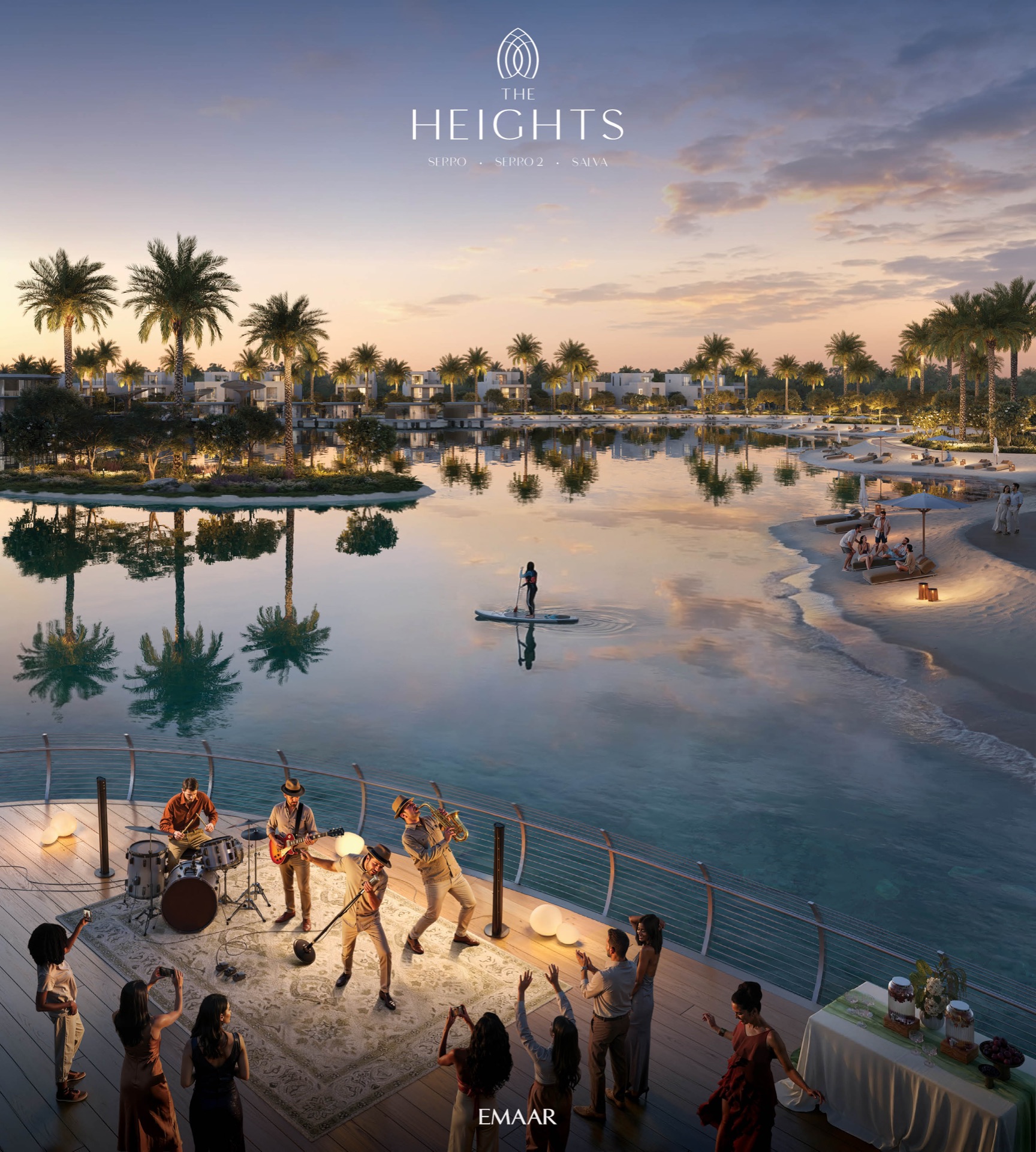 The Heights — lagoon social deck at dusk